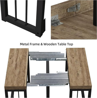 KEIKI 23.62" - 118" L Extendable Foldable Dining Room Table for 2-10 People, Wood Modern Rustic Rectangle Expandable Kitchen Living Meeting Room Furniture, 5 Tabletop Length Options