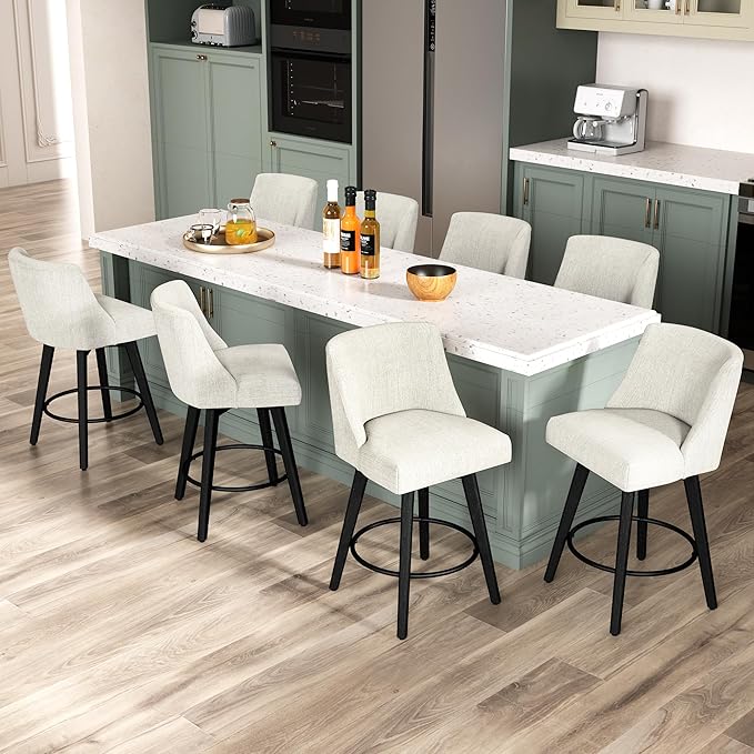 Counter Height Bar Stools Set of 8, Modern Swivel Barstools with Back and Wood Legs, Linen Fabric Upholstered Bar Chairs, 26" H Kitchen Counter Stools, Kitchen Island Home Bar, Ivory
