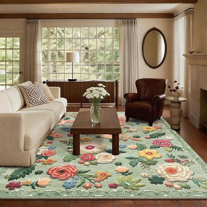 9x12 Area Rug Washable Rugs: Large Living Room Rug Stain Resistant Non Slip Distressed Vintage Floral Rug Low Pile Faux Wool Soft Green Rugs for Bedroom Farmhouse Dining Room Kids Playroom Nursery