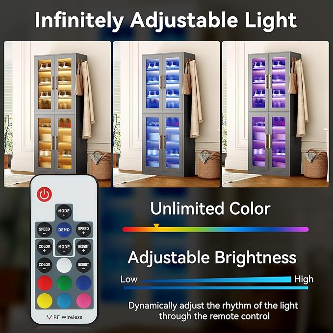 LITTLE TREE Stylish 8-Tier Vertical Shoe Rack with Built-in LED Lighting, Doors for Dust Protection, and Convenient External Hooks, Shoe Cabinet for Entryway, Living Room, Bedroom, Grey