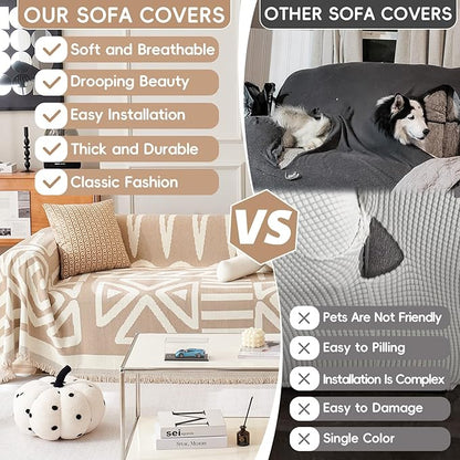 STACYPIK Durable Khaki Couch Covers for Dog Boho L Shape Armchair Slipcovers Tassels Couch Protector for 1 Cushion Couch Reversible Geometric Sofa Cover Anti Slip Multi-Use Couch Cover Blanket-71X71IN