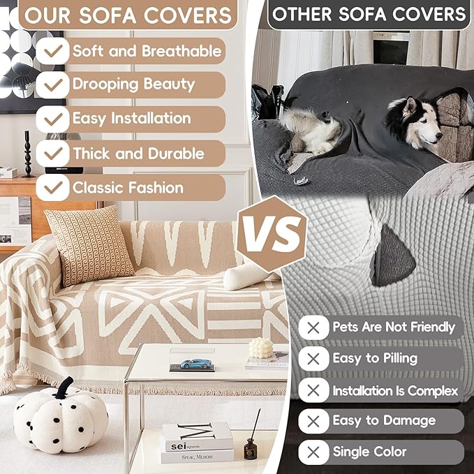 STACYPIK Thick Boho Sofa Cover Beige Khaki Triangle Plaid Couch Cover Skin Pet-Friendly Chenille Sofa Protector for 3 Cushion Couch Reversible Couch Cover Tassel Washable Sectional Sofa Cover-91X134IN