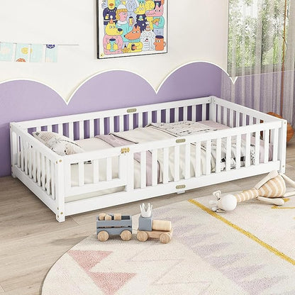 Twin Floor Bed Frame with Slats and Safety Guardrail, Wood Twin Size Montessori Floor Bed with Door and Fence, Easy Assemble Montessori Beds for Kids, Girls, Boys, White
