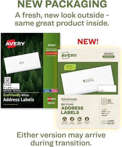 Avery EcoFriendly Recycled Address Labels, 1" x 2-5/8", White, Permanent Label Adhesive, 3,000 Printable Labels (48460) (Pack of 5)