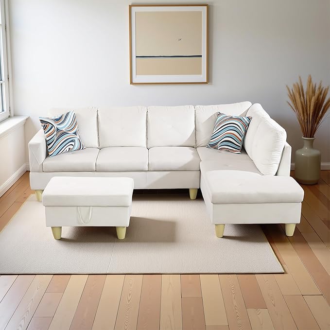 Couches for Living Room Modern L Shaped Couch Comfy Flannel Fabric 3 Pieces Sectional Sofa with Chaise, Ottoman with Storage for Office and Small Apartment, White