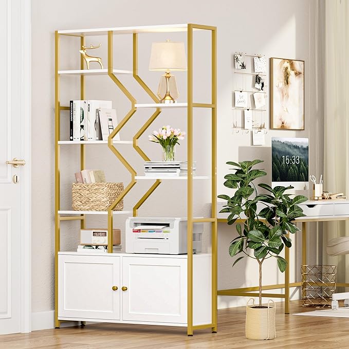 Keyluv 76" Tall Gold Bookshelf with Cabinet Storage, Multifunctional Open Display Bookcase with Door, Large Book Shelf Organizer for Living Room, Home, Office, Heavy Duty Metal & Wood, Modern White