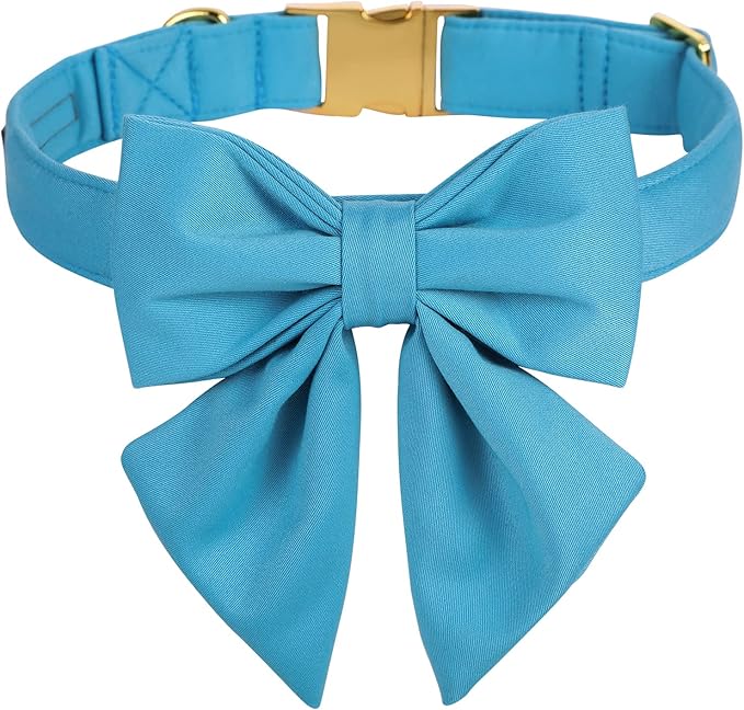 Maca Bates Sky Blue Dog Collar with Cute Solid Sailor Bow Tie for Extra Large Girl Boy Dogs,Adjustbale Durable Breakaway Soft Collars with Bowtie for Female Male Puppy,Pet with Metal Buckle