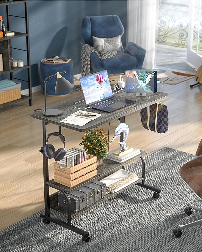 Height Adjustable Standing Desk with Power Outlets, 32" Manual Stand Up Desk with Storage Shelves Small Mobile Rolling Computer Desk Portable Laptop Table with Wheels for Home Office, Grey Oak