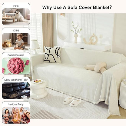 STACYPIK Modern Beige Couch Covers for Dogs Cats Thick Chenille Ivory White Sofa Cover Sofa Slipcover Furniture Protector for 3 Cushion Couch with Tassel Non-Silp Futon Cover Sofa Protector-71X150IN