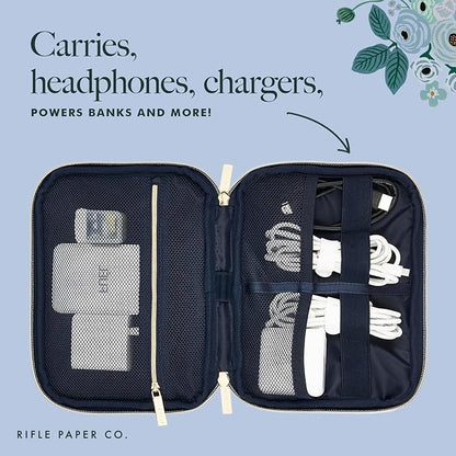 Rifle Paper Co. Electronic Organizer Travel Case - Portable Tech Pouch w/Multiple Storage Mesh Pockets for Cable, Cord, Charger, Power Bank, AirPods - Airplane Travel Essentials Bag -Garden Party Blue