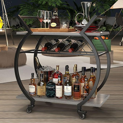 LVB Bar Cart with Wine Rack, 2 Tier Farmhouse Kitchen Cart on Wheels, Modern Wood and Metal Portable Coffee Cart Table for Home, Utility Industrial Mobile Serving Cart with Storage Shelf, Grey Oak