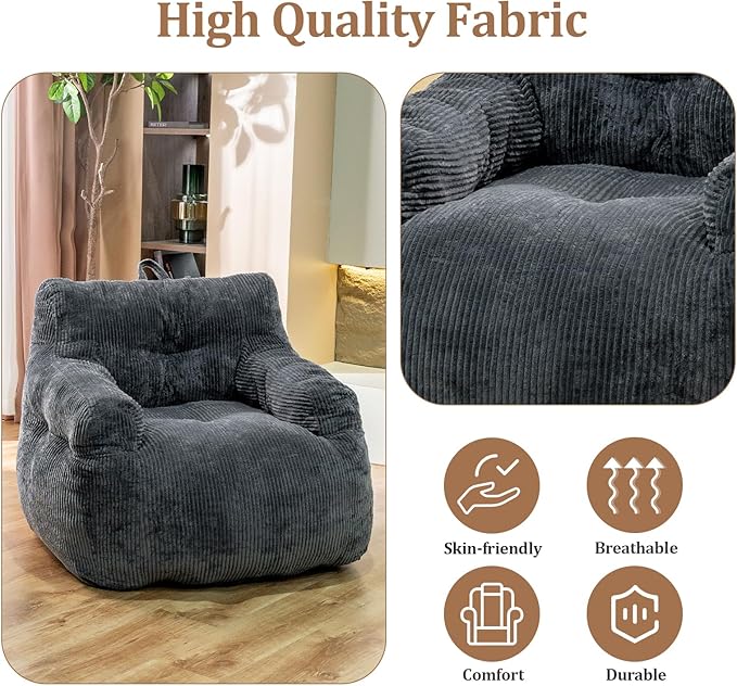 Giant Bean Bag Chair, Faux Fur Large Bean Bag Chair for Adults, Fluffy and Comfy Giant Bean Bag Chair with Filler, Big Bean Bag Sofa Chair for Reading, Gaming, Grey