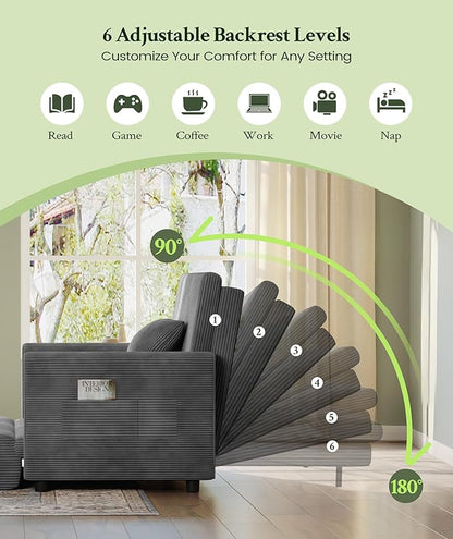 53” Convertible Sofa Bed Couch, Corduroy Couch Bed, 6-Position Loveseat Sleeper Sofa, Love Seat Sleeper Bed 23.6" Extra Deep Seat, Modern Couches for Living Room/Apartment/Home/Office, Grey