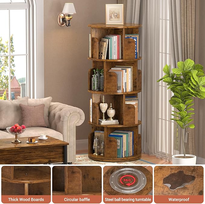 Rotating Bookshelf, Corner Bookshelf, 360 Display Wood Spinning Bookcase Storage Rack, Floor Standing Revolving Bookcase Narrow Book Shelf Organizer for Small Space, Bedroom, Rustic Brown