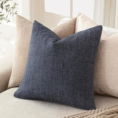 Foindtower Set of 2 Decorative Linen Check Throw Pillow Covers Neutral Farmhouse Vintage Cushion Covers Modern Boho Home Decor for Sofa Chair Couch Bedroom Living Room Outdoor,26×26 Inch,Navy Blue