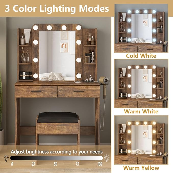 Vabches Vanity Desk with Lights,Makeup Vanity with Power Strip,Dressing Table Set with 2 Large Drawers,Vanity Mirror 3 Lighting Color Adjustable,Rustic Brown