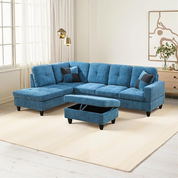 Osparple L Shaped Couch Sectional Couches for Living Room Upholstered Flannel 3 Pieces Modular Sectional Sofa with Chaise, Ottoman with Storage for Living Room and Small Apartment, Steel Blue