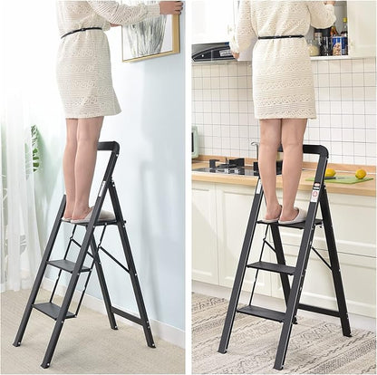 KINGRACK Aluminium 3 Step Ladder, Lightweight Step Stool with Non-Slip Pedals, Handrail, 330 LBS Foldable Step Ladder for Kitchen, Garage, Home, Space Saving, Sturdy and Portable, Black
