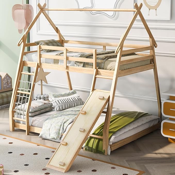 Twin Over Queen House Bunk Bed with Climbing Nets and Climbing Ramp for Kids Teens Boys Girls,Solid Wood Bunk Bed Frame with Safety Guardrails,Playful Design,Natural
