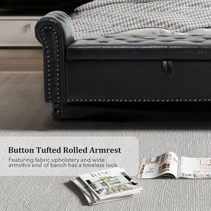 Furniliving 55” End of Bed Bench, Bedroom Bench with Button-Tufted, Large Upholstered Storage Ottoman Benches Entryway Bench with Storage Shoe Cabinet Bench, for Bedroom, Living Room, PU, Black