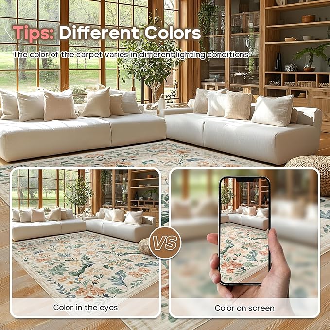 Machine Washable Area Rugs 2x3: Small Entryway Rug Soft Non-Slip Thin Carpet Floral Indoor Door Mat Floor Neutral Carpets for Entrance Bedroom Kitchen Laundry Bathroom Beige
