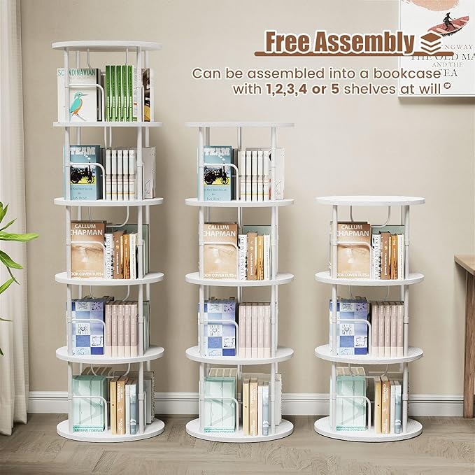 5 Tier Rotating Bookshelf, 360 ° Display Stackable Spinning Bookshelf Tower, Corner Bookshelf Tall Floor Standing Swivel Bookcase Narrow Storage Organizer for Bedroom, Living Room, White