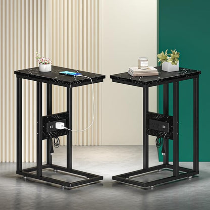 VECELO C Shaped End Table with Charging Station & Power Outlets, Quick Access Side Table for Sofa, C Bedside for Living Room Bedroom 2 Set,Black Marble