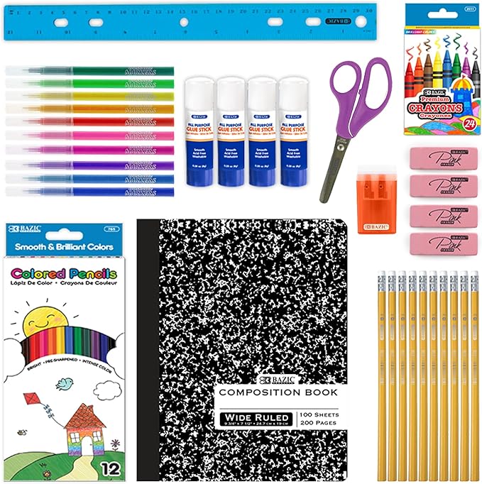 BAZIC Products School Kit Pack 60 Count, School Supply Box for Elementary Student K-6, Ruler Composition Book Pencil Eraser Crayon, 1-Pack