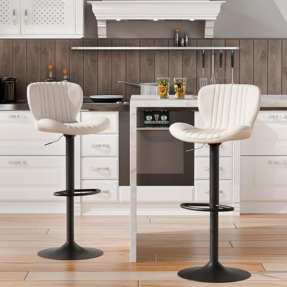 Shintenchi Bar Stools Set of 2 Modern Swivel Bar Chairs, Counter Height Faux Leather Metal Barstools, Upholstered Island Chairs with Back and Footrest, Beige