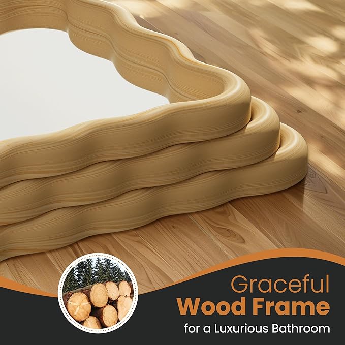 Bathroom Mirror for Wall, 20"x30" Boho Wavy Wood Mirror Large Full Length Decorative Mirror with Tempered Glass, Natural Wooden Frame Vanity Mirror for Bedroom, Living Room, Entryway