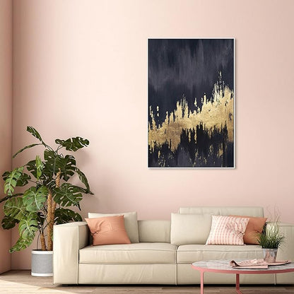 The Oliver Gal Artist Co. Abstract Wall Art Framed Canvas Prints 'Late Night Sky' Brush Strokes Home Décor, 36" x 54", Black, Gold