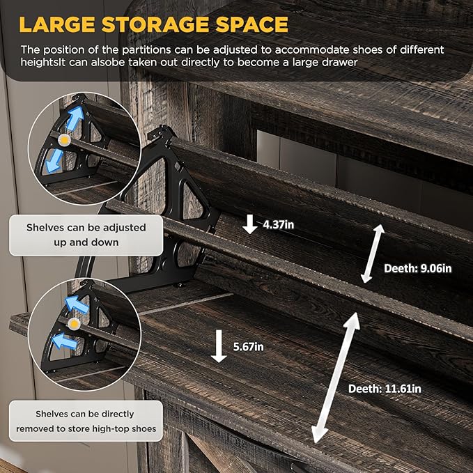 Maupvit Large Shoe Storage Cabinet with 4 Flip Drawers, Narrow Shoe Cabinet for Entryway with Wooden Legs, Freestanding Hidden Shoe Rack Organizer ＆ Metal Hinges, Dark Rustic Oak