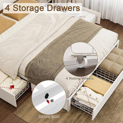 Queen Bed Frame with 4 Storage Drawers Bed Frame Queen Size with Headboard LED Lights Charging Station Metal Slats Platform Heavy-Duty Support No Box Spring Needed White