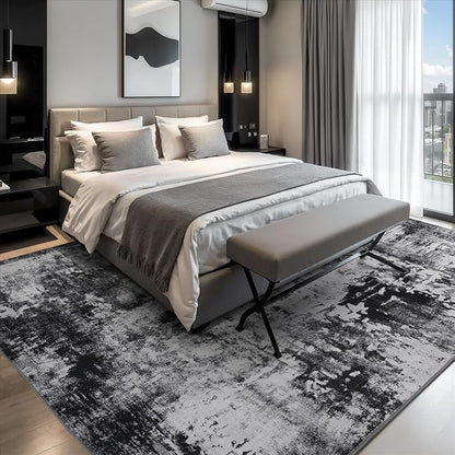 Rugflix 8x10 Area Rugs for Living Room, Washable Large Rug Stain-Resistant Low Pile, Modern Dark Carpet for Dining Room Home Office Kid Room Nursery Bedroom, Black Grey