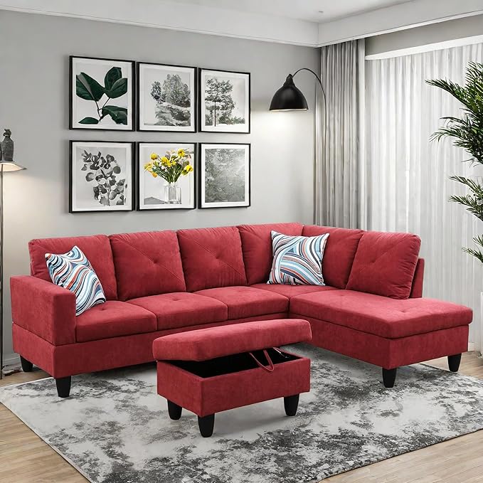 Modular Sectional Couch, L Shaped Couch with Storage, Convertible Sofa with Ottomans, Modern Sectional Sofa for Living Room and Office, Red