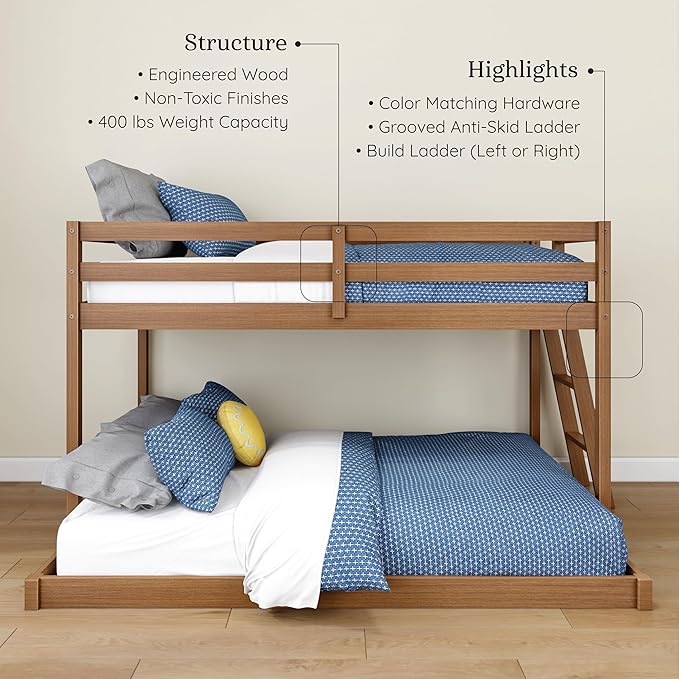 Grain & Grove Bear Twin Over Full Bunk Bed, Low Bunk Bed Frame for Kids, Bunk with Ladder, Guardrail, and Slats, No Box Spring Required, Oak Embossed Pecan
