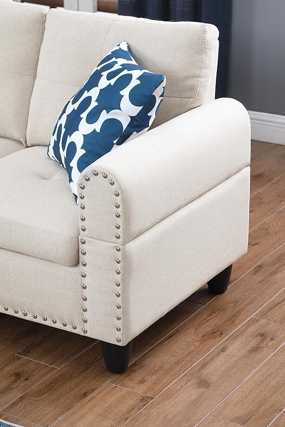 Ball & Cast 98" L Shaped Sectional Couch for Living Room with Storage Ottoman & Nailhead Trim,4 Seat Linen Upholstered Modular Sectional Sofa Set 3 PCS W/Chaise & Cup Holders,for Home,Office,Beige