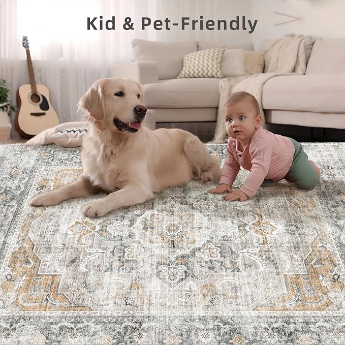 8x10 Area Rugs Washable Rug: Large Living Room Rug Stain Resistant Distressed Vintage Non Slip Low Pile Faux Wool Soft Boho Area Rug for Bedroom Bedside Indoor Kids Playroom Farmhouse Dining Room