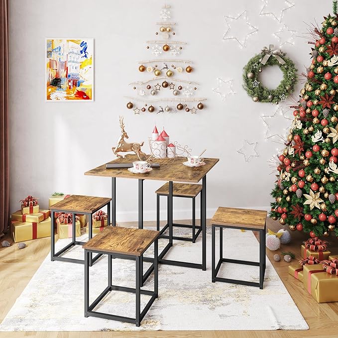 Yaheetech Industrial Dining Table Set for 4 Compact Kitchen Table and 4 Stools Space Saving Home Furniture for Small Space, Rustic Brown