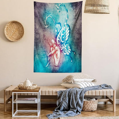 Ambesonne Butterfly Tapestry, with Butterfly Wings Renewal Female Rebirth Psyche Lightness of Being, Fabric Wall Hanging Decor for Bedroom Living Room Dorm, 23" X 28", Blue Purple