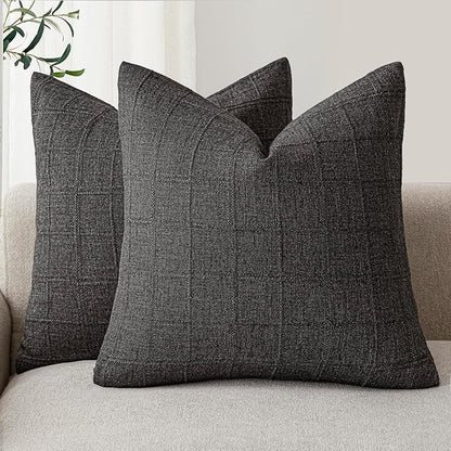 Foindtower Set of 2 Decorative Linen Check Throw Pillow Covers Neutral Farmhouse Vintage Cushion Covers Modern Boho Home Decor for Sofa Chair Couch Bedroom Living Room Outdoor,18×18 Inch,Charcoal