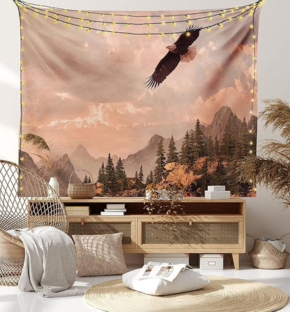 Ambesonne Eagle Tapestry King Size, Nature Photography of Rocky Mountains and Forest a Bird Flying over It, Wall Hanging Bedspread Bed Cover Wall Decor, 104" X 88", Rose Green