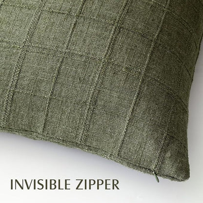 Foindtower Set of 2 Decorative Linen Check Throw Pillow Covers Neutral Farmhouse Vintage Cushion Covers Modern Boho Home Decor for Sofa Chair Couch Bedroom Living Room Outdoor,24×24 Inch,Olive Green