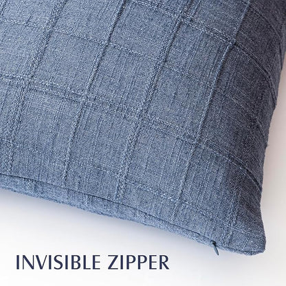 Foindtower Set of 2 Decorative Linen Check Throw Pillow Covers Neutral Farmhouse Vintage Cushion Covers Modern Coastal Boho Home Decor for Sofa Chair Couch Bedroom Living Room Outdoor,18×18 Inch,Blue