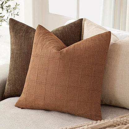 Foindtower Set of 2 Decorative Linen Check Throw Pillow Covers Neutral Farmhouse Vintage Cushion Covers Modern Boho Home Decor for Sofa Chair Couch Bedroom Living Room Outdoor,22×22 Inch,Orange