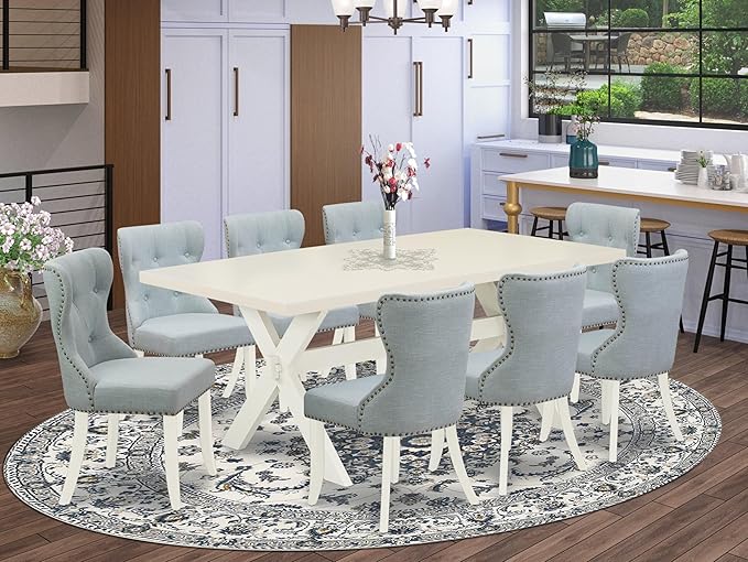 East West Furniture X027SI215-9 9 Piece Dining Table Set Includes a Rectangle Dining Room Table with X-Legs and 8 Baby Blue Linen Fabric Upholstered Chairs, 40x72 Inch, Multi-Color