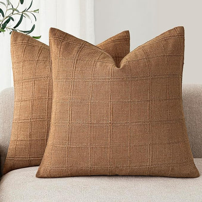 Foindtower Set of 2 Decorative Linen Check Throw Pillow Covers Neutral Farmhouse Vintage Cushion Covers Modern Boho Home Decor for Sofa Chair Couch Bedroom Living Room Outdoor,24×24 Inch,Brick