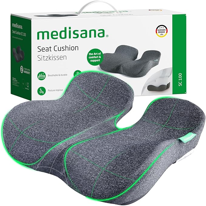 medisana Seat Cushion, SC 100 Seat Cushions for Office Chairs, Car Seat, Wheelchair - Sciatica & Tailbone & Coccyx Pain Relief Pillow for Driver Sedentary, Gift for Women Men(Size:18*14.6*3.54in-Grey)
