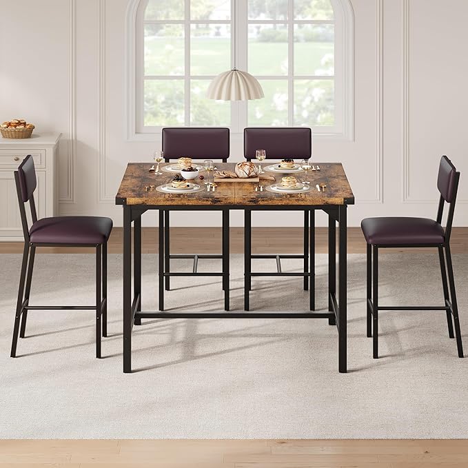 IDEALHOUSE Dining Table Set for 4 w/Counter Height Table & 4 Upholstered Bar Stools, 5-Piece Kitchen Table Set with Footrest & Corner Protector, for Kitchen Room, Apartment, Pub