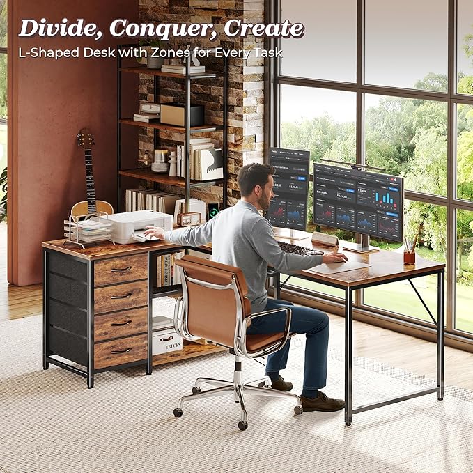 PRAISUN 53" L Shaped Desk with Power Outlets and USB-C Port, Reversible Computer Corner Office Desk with 4 Fabric Drawers and 2 Height-Adjustable Shelves, Large for Gaming Writing Study, Rustic Brown